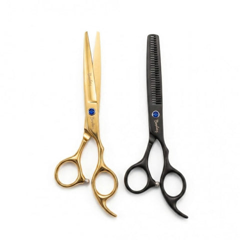KIT TIJERAS X2 ACERO DORADA Y NEGRA ESTUCHE